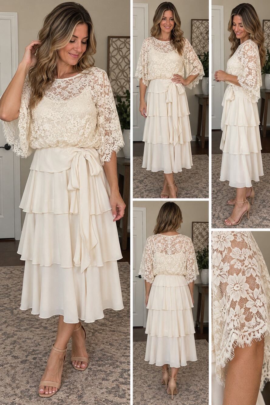 Vintage Endien Ltd Ivory Lace Tiered Chiffon Dress Size 10 Formal Bridal